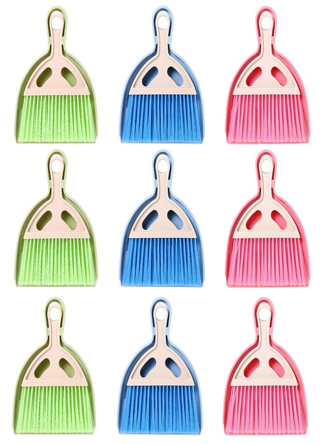AojSup 9 Pack Mini Dust Pan and Brush Set, Small Hand Broom and Dustpan Set with Handle - 3 Colors Plastic Cleaning Tools for Desk, Table, Keyboard, Car, Pet Food Crumbs - Image 1