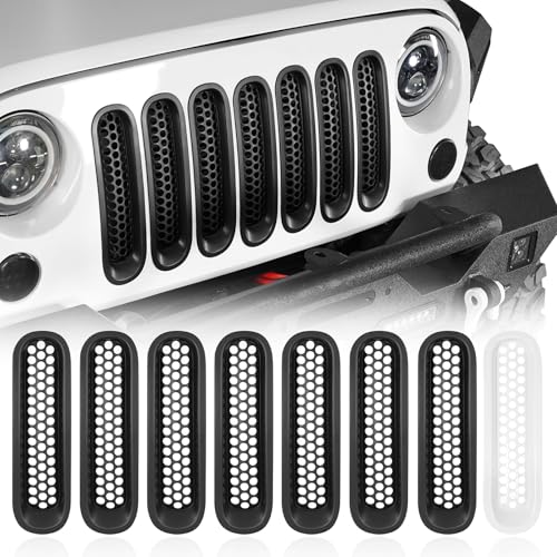 Hooke Road Matte Black Grill Inserts Front Mesh Grille Cover for 2007-2015 Jeep JK Wrangler & Unlimited Wrangler Accessories (7PCS Black + 1PCS White) - Image 1