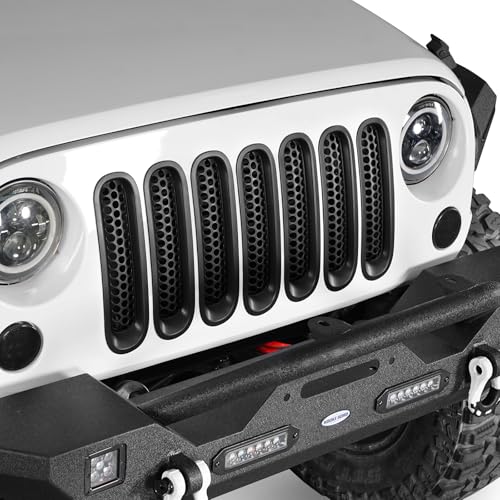 Hooke Road Matte Black Grill Inserts Front Mesh Grille Cover for 2007-2015 Jeep JK Wrangler & Unlimited Wrangler Accessories (7PCS Black + 1PCS White) - Image 4