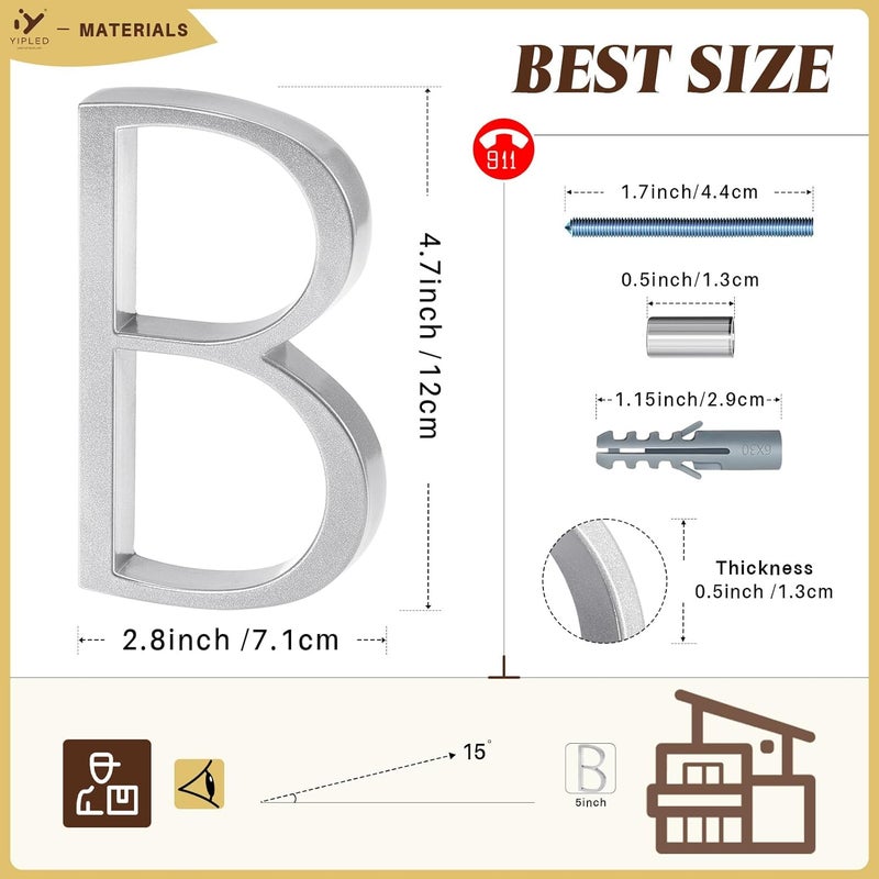 YIPLED 5 Inch House Numbers for Outside, Metal Address Number B - Modern Design, Weather-Resistant Silver Powder Coated Finish, No Fading (Silver) - Image 3