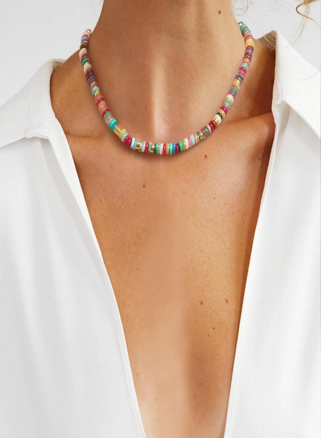 Flyonce Colorful Beaded Necklace, Fashion Handmade Vintage Boho Rainbow Color Natural Stone 14K Gold Plated Choker Necklaces Summer Beach Jewelry Gifts for Women Surfer - Image 5