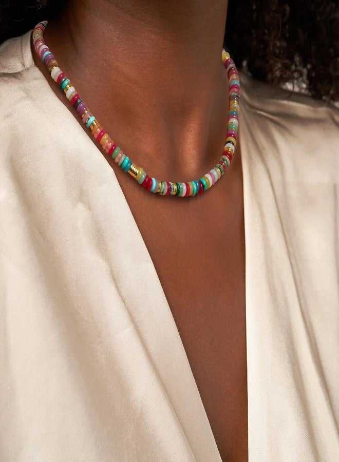 Flyonce Colorful Beaded Necklace, Fashion Handmade Vintage Boho Rainbow Color Natural Stone 14K Gold Plated Choker Necklaces Summer Beach Jewelry Gifts for Women Surfer - Image 2