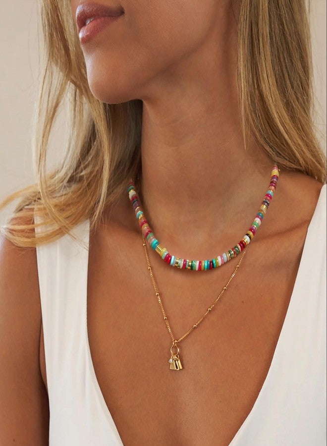 Flyonce Colorful Beaded Necklace, Fashion Handmade Vintage Boho Rainbow Color Natural Stone 14K Gold Plated Choker Necklaces Summer Beach Jewelry Gifts for Women Surfer - Image 3