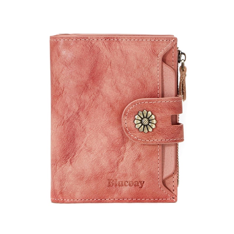 Blucoay Wallet Women,RFID Blocking Leather Womens Wallet Bifold Compact Card Holder Small Wallet for Women with Removable ID Window Pink - Image 1
