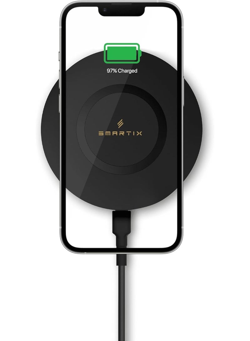 Smartix Wireless Charger, 15W Qi Certified Fast Wireless Charging Pad Compatible with i-Phone 15/14/13/12/11/X, Samsung Series, LG, AirPods, Buds Pro & Other Brands - Black - Image 4