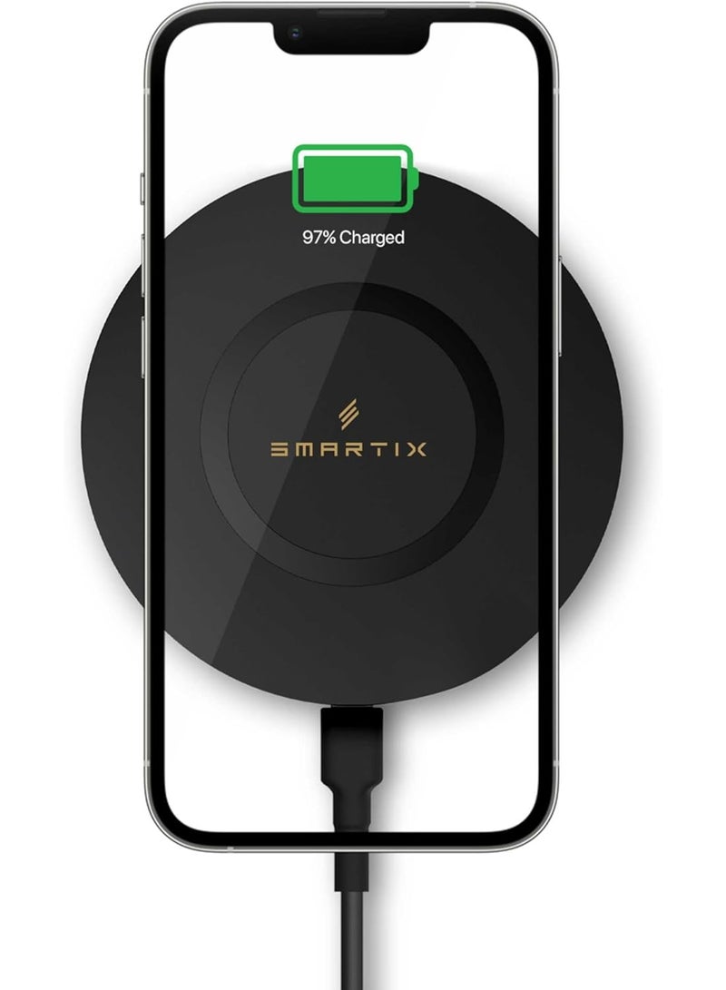 Smartix Wireless Charger, 15W Qi Certified Fast Wireless Charging Pad Compatible with i-Phone 15/14/13/12/11/X, Samsung Series, LG, AirPods, Buds Pro & Other Brands - Black - Image 3