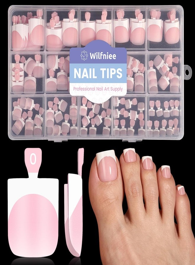 Wilfniee Press on Toenails French Tip: 150PCS Pink Square Toe Nail Press Ons- Pre-Designed Soft Gel Thick French Fake Toe Nails for Women Home DIY, 15 Sizes - Image 1