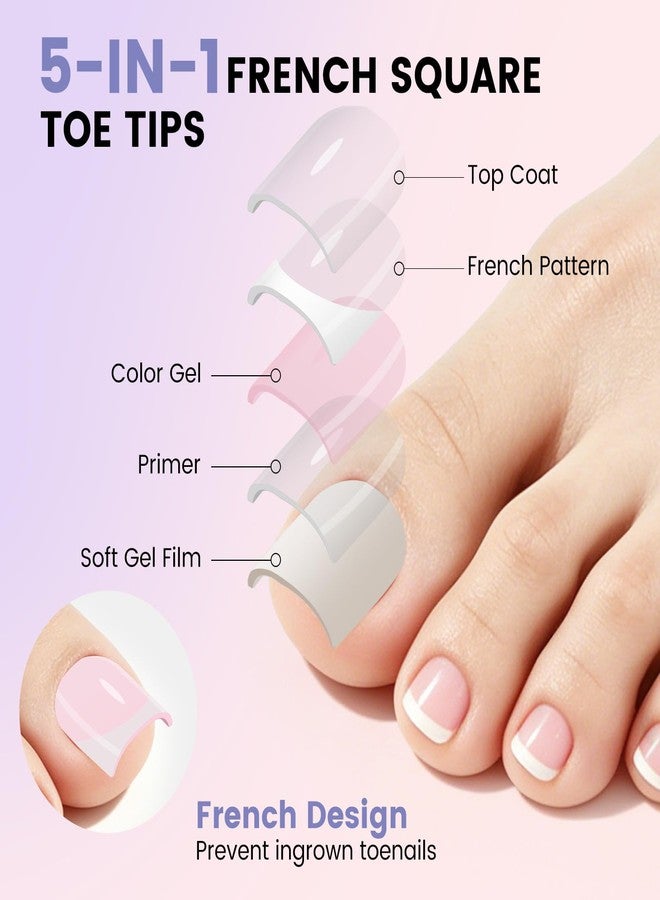 Wilfniee Press on Toenails French Tip: 150PCS Pink Square Toe Nail Press Ons- Pre-Designed Soft Gel Thick French Fake Toe Nails for Women Home DIY, 15 Sizes - Image 3