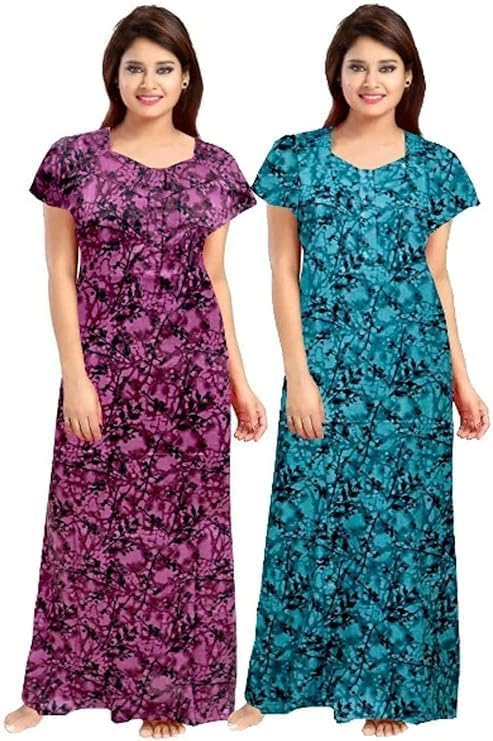Vlazom Women’s Cotton Printed Maxi Nighty – Ankle Length Night Dress Gown, Pack of 2, Free Size – Soft & Breathable Sleepwear (Purple&Rama, Free Size) - Image 1