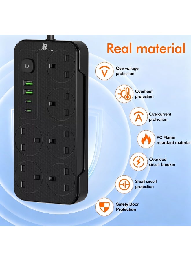Rock Pow 5 meters Universal Extension Lead with Multiple Function UK Plug 3 Pin Socket Outlet with 6 Gang 2 USB Port 2 Type-C Port 5M Electric Socket Mains Strip for Home Kitchen and Office 5 meters - Image 5