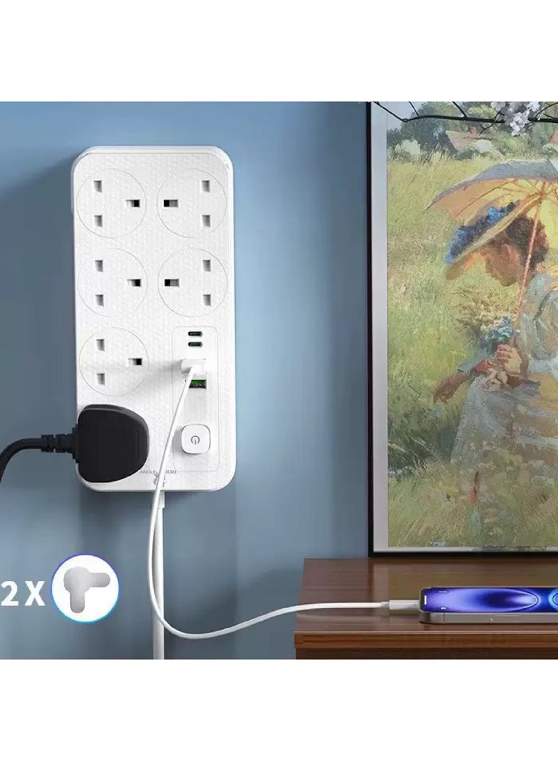 Rock Pow 5 meters Universal Extension Lead with Multiple Function UK Plug 3 Pin Socket Outlet with 6 Gang 2 USB Port 2 Type-C Port 5M Electric Socket Mains Strip for Home Kitchen and Office 5 meters - Image 3