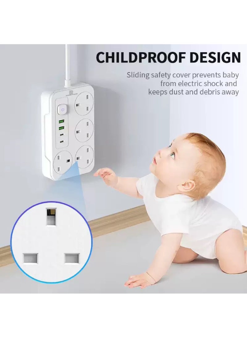 Rock Pow 5 meters Universal Extension Lead with Multiple Function UK Plug 3 Pin Socket Outlet with 6 Gang 2 USB Port 2 Type-C Port 5M Electric Socket Mains Strip for Home Kitchen and Office 5 meters - Image 4