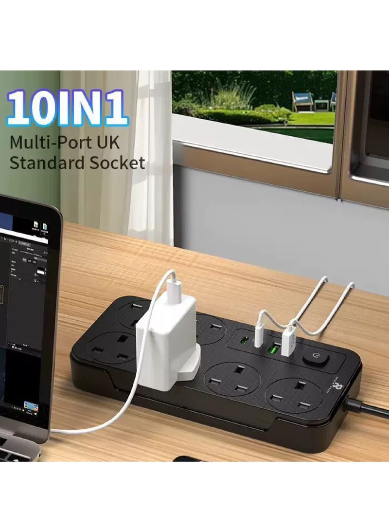 Rock Pow 5 meters Universal Extension Lead with Multiple Function UK Plug 3 Pin Socket Outlet with 6 Gang 2 USB Port 2 Type-C Port 5M Electric Socket Mains Strip for Home Kitchen and Office 5 meters - Image 2
