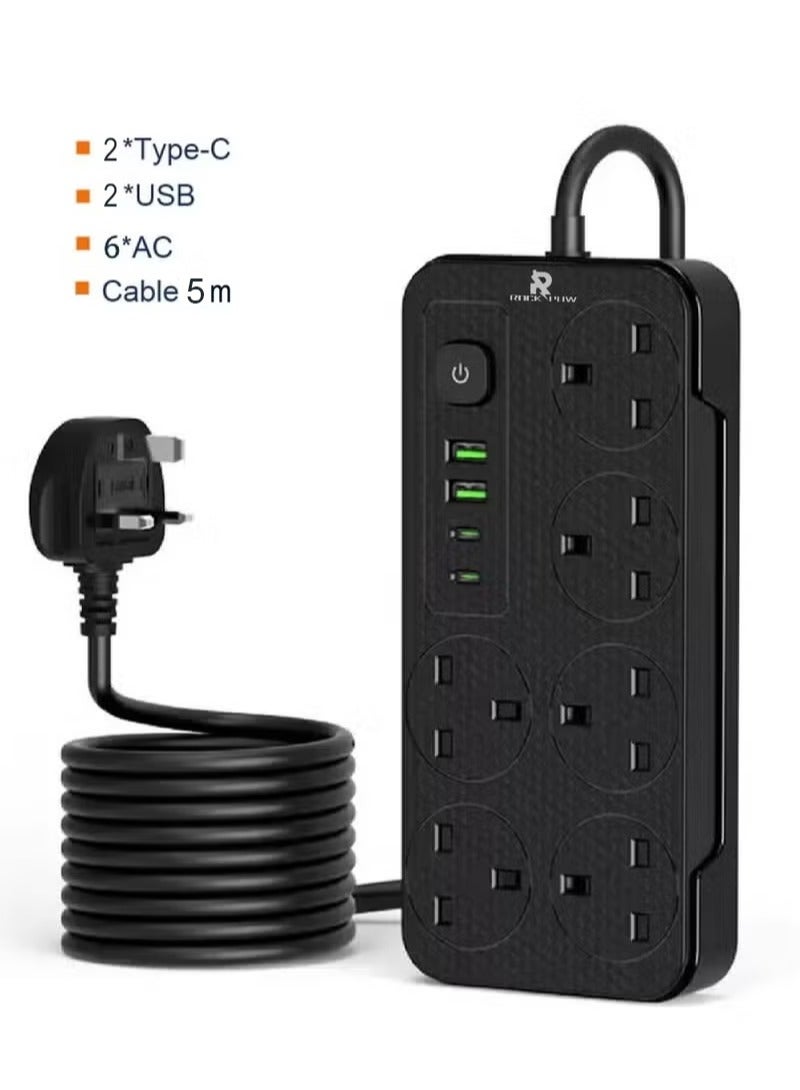 Rock Pow 5 meters Universal Extension Lead with Multiple Function UK Plug 3 Pin Socket Outlet with 6 Gang 2 USB Port 2 Type-C Port 5M Electric Socket Mains Strip for Home Kitchen and Office 5 meters - Image 1