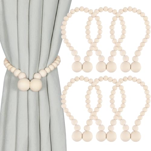 KLOGTSIND Magnetic Curtain Tiebacks, Curtain Tie Backs for Curtains 6 Pack, Wood Bead Curtain Tiebacks, Curtain Holders for Boho Bedroom Decor, Baby Nursery Decor, Farmhouse Decor - Image 1