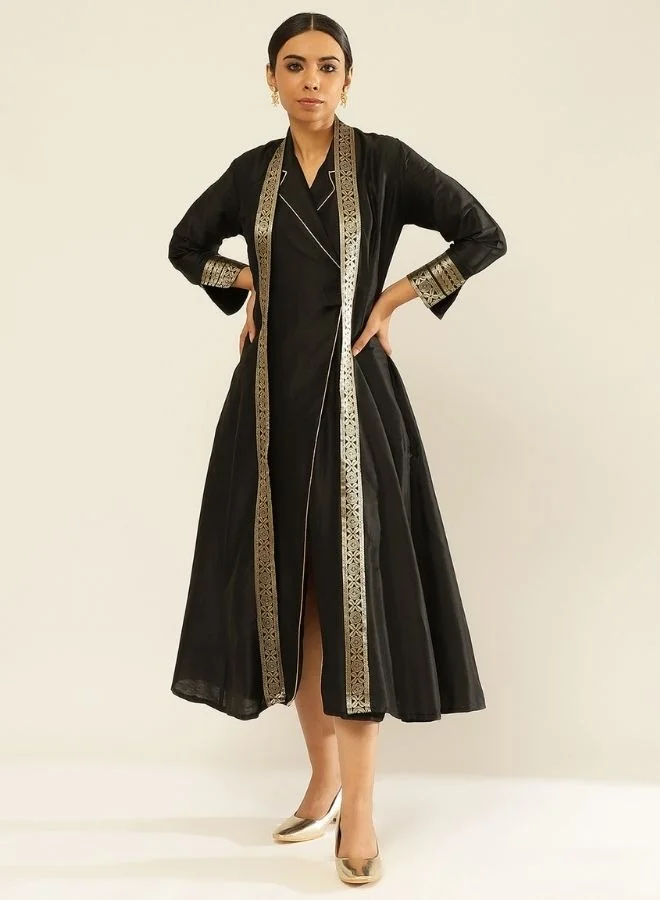 Abhishti Banarasi jacket with zari border-Metallic Black