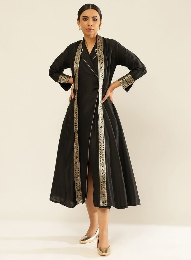 Abhishti Banarasi jacket with zari border-Metallic Black  - Image 1