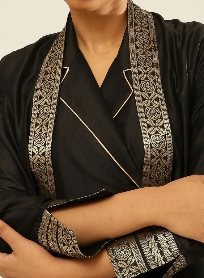 Abhishti Banarasi jacket with zari border-Metallic Black