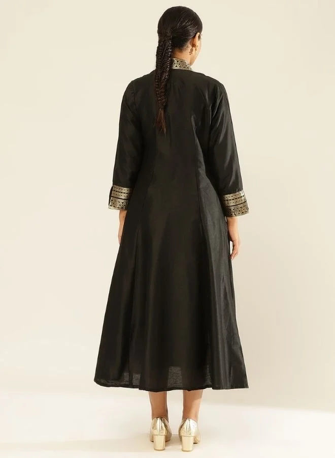 Abhishti Banarasi jacket with zari border-Metallic Black