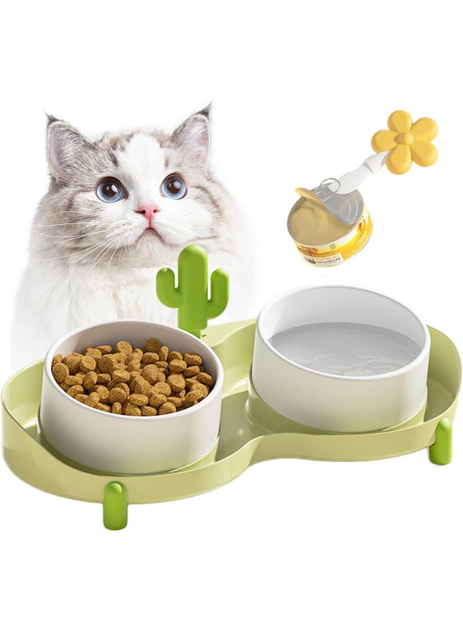 Neostyle Ceramic Cat Bowl for Food and Water,Tilted Feeding Bowl with Scraper, Relieve Fatigue Anti Vomit Non-Slip Pet Raised Bowl (Green Cactus) - Image 1