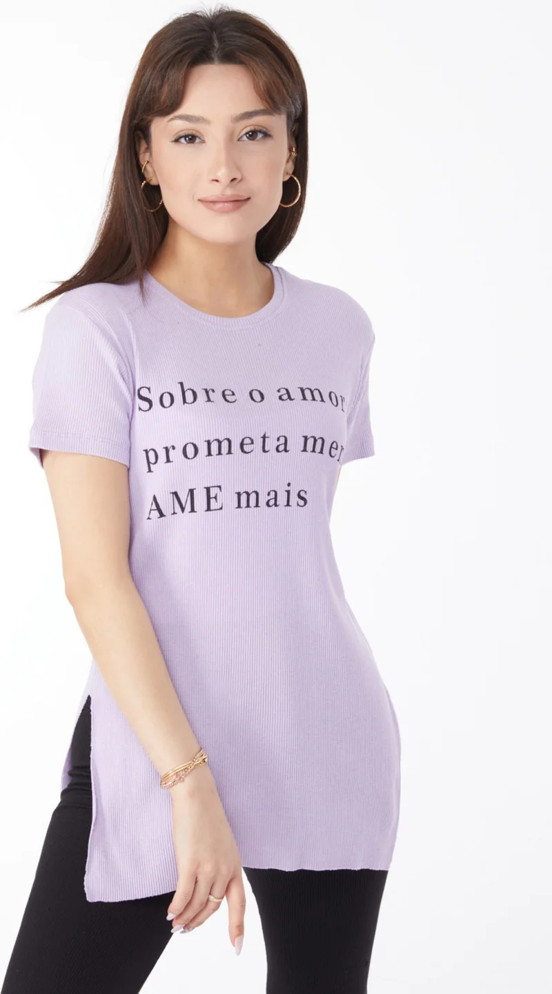 Tofisa Plain Crew Neck Women's Lilac Printed Slit T-Shirt - 24792