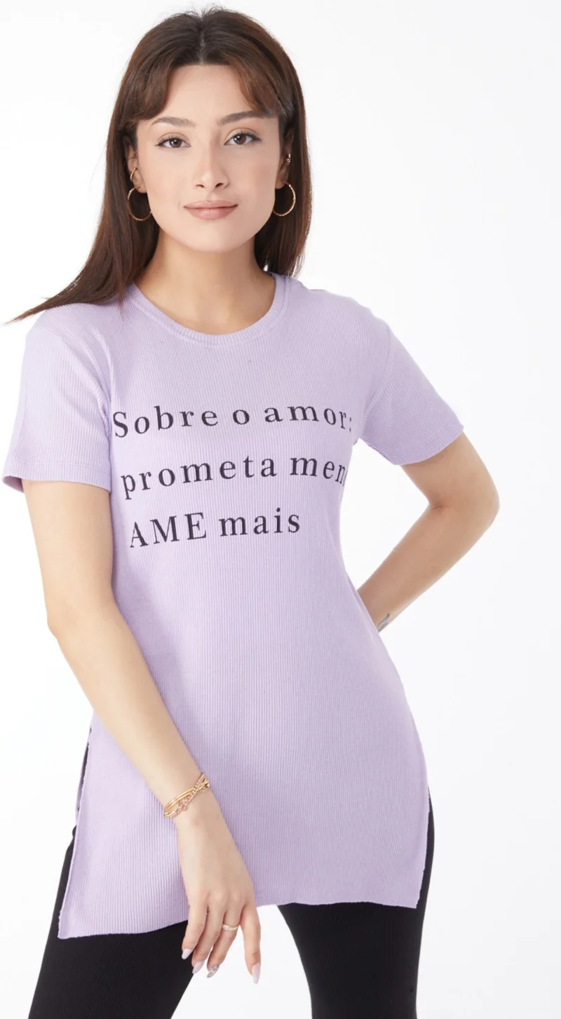Tofisa Plain Crew Neck Women's Lilac Printed Slit T-Shirt - 24792