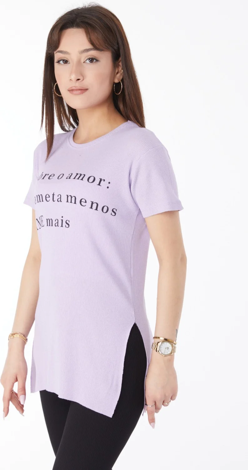 Tofisa Plain Crew Neck Women's Lilac Printed Slit T-Shirt - 24792
