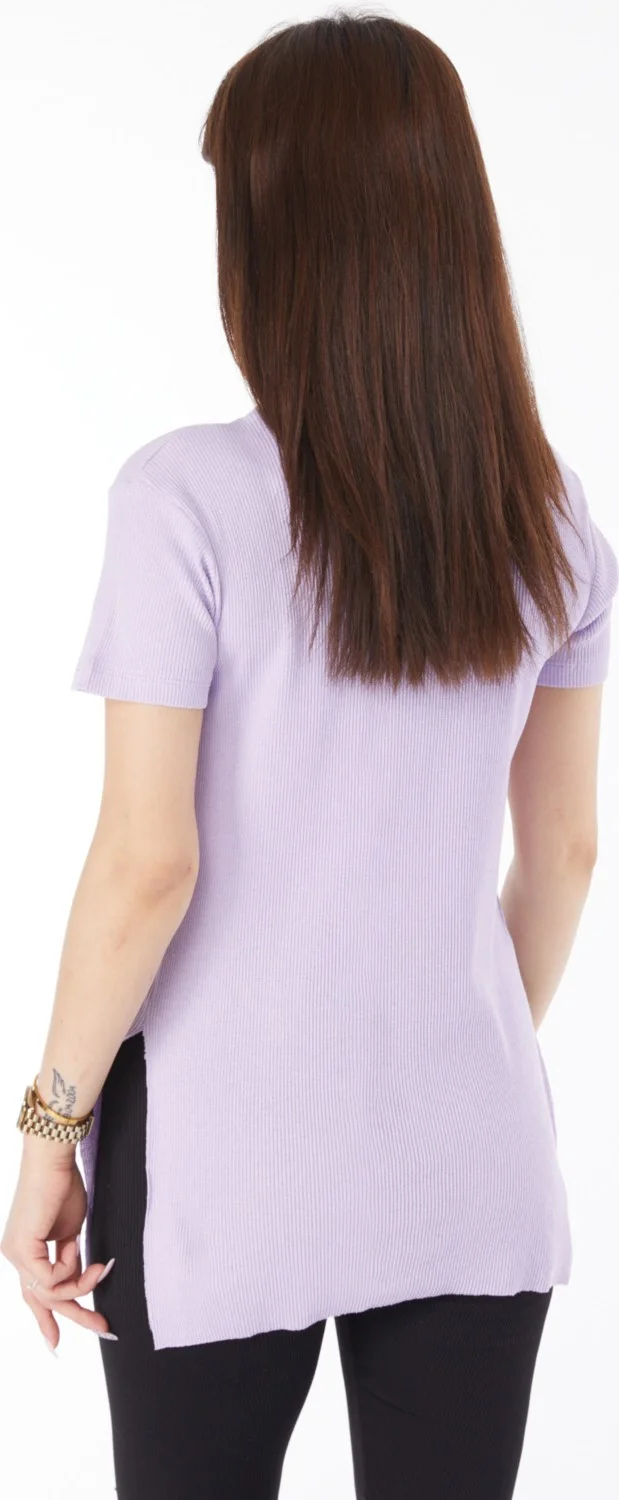 Tofisa Plain Crew Neck Women's Lilac Printed Slit T-Shirt - 24792