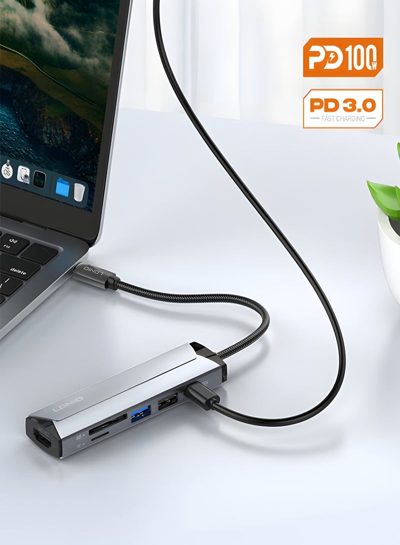 LDNIO 6-in-1 USB-C Hub Adapter with 4K HDMI, PD 100W Fast Charging, USB 3.0, USB 2.0, SD & TF Card Reader - Image 2
