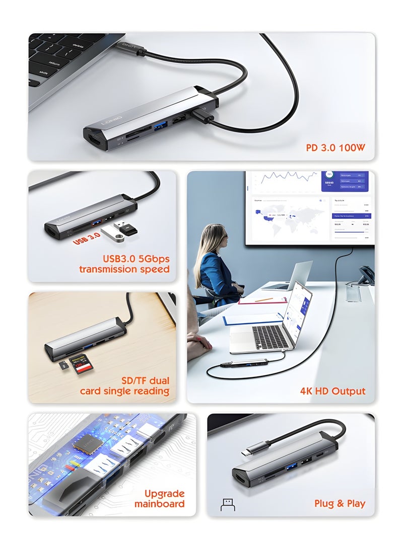 LDNIO 6-in-1 USB-C Hub Adapter with 4K HDMI, PD 100W Fast Charging, USB 3.0, USB 2.0, SD & TF Card Reader - Image 5