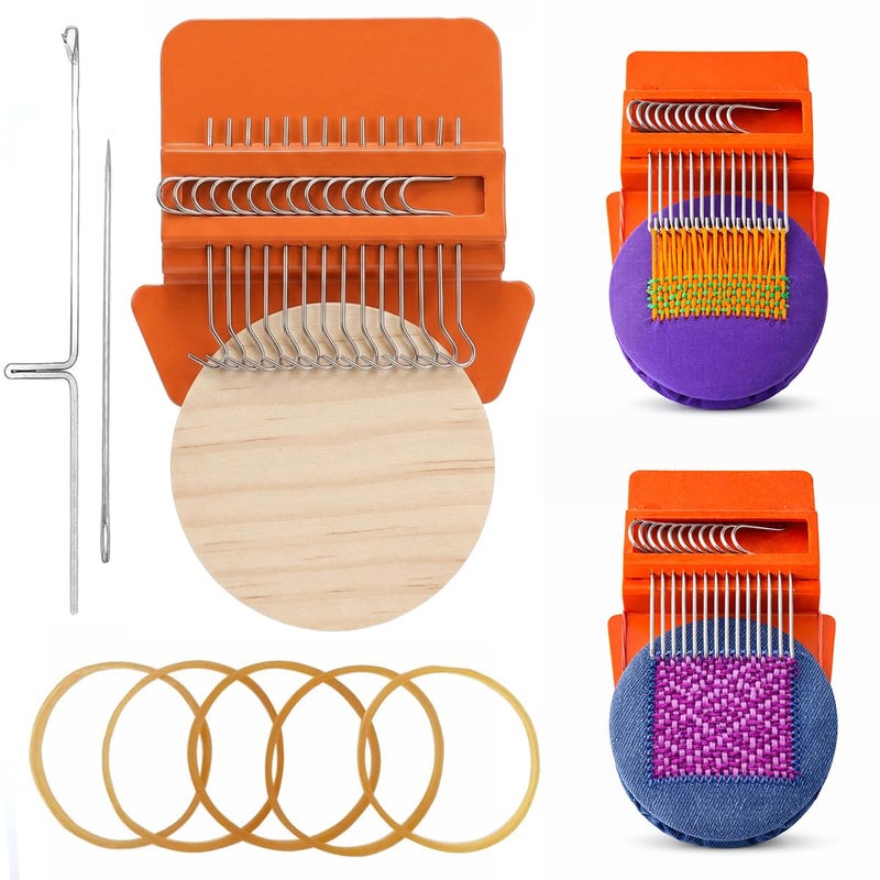 Rumexeng Small Weaving Loom, Speedweve Style Darning Loom, Wooden Mini Weave Tool for Visible Mending Jeans, Socks, Clothes and DIY Fabric Repair, Decorative Stitching Tool (14 Hooks,Orange) - Image 1