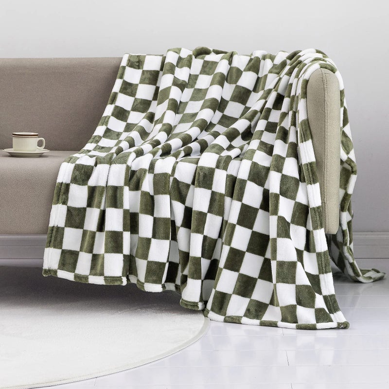 LOMAO Throw Blankets Flannel Blanket with Checkerboard Grid Pattern Soft Throw Blanket for Couch Bed Sofa Luxurious Warm and Cozy for All Seasons Dark Olive 60x80