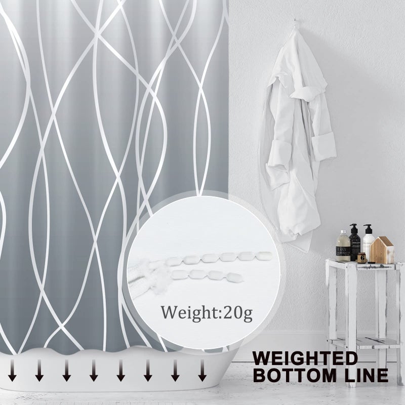 Punkray Ombre Grey Shower Curtain for Bathroom with Hooks, White Shower Curtain Set, Stripe Bath Curtains Decorative Shower Curtains Water Repellent Washable, 72 x 72 - Image 3