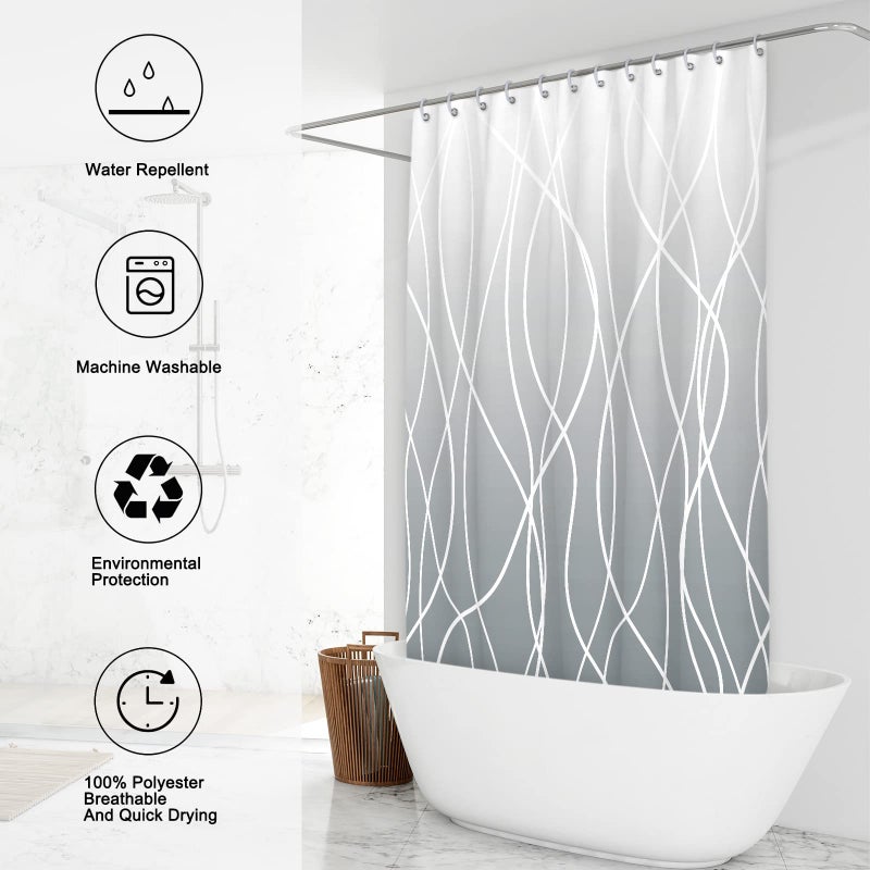 Punkray Ombre Grey Shower Curtain for Bathroom with Hooks, White Shower Curtain Set, Stripe Bath Curtains Decorative Shower Curtains Water Repellent Washable, 72 x 72 - Image 2