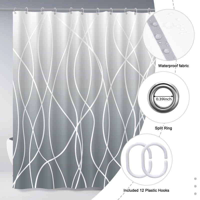 Punkray Ombre Grey Shower Curtain for Bathroom with Hooks, White Shower Curtain Set, Stripe Bath Curtains Decorative Shower Curtains Water Repellent Washable, 72 x 72 - Image 5