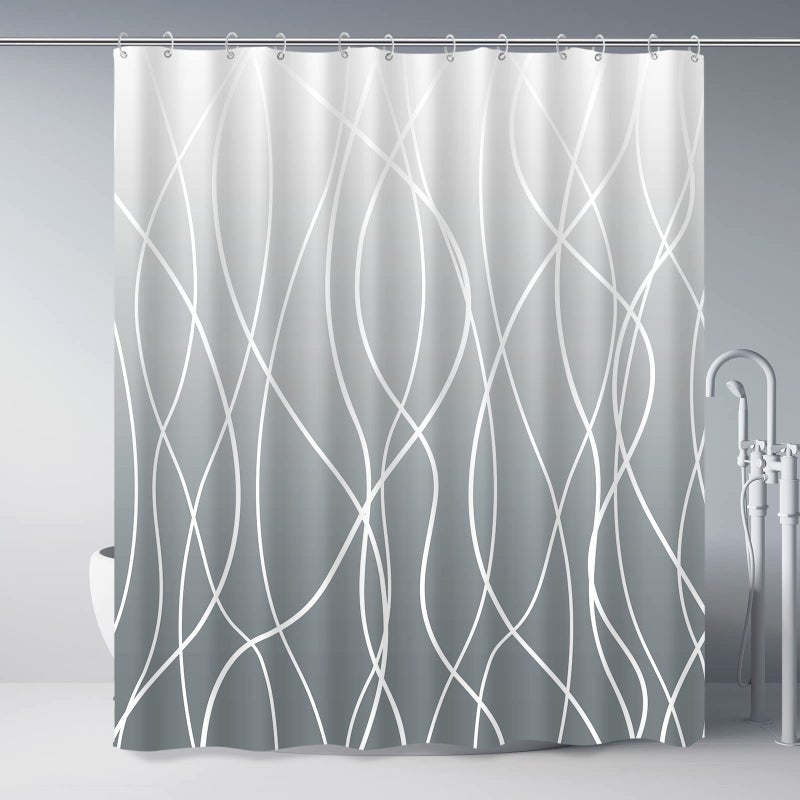 Punkray Ombre Grey Shower Curtain for Bathroom with Hooks, White Shower Curtain Set, Stripe Bath Curtains Decorative Shower Curtains Water Repellent Washable, 72 x 72 - Image 1