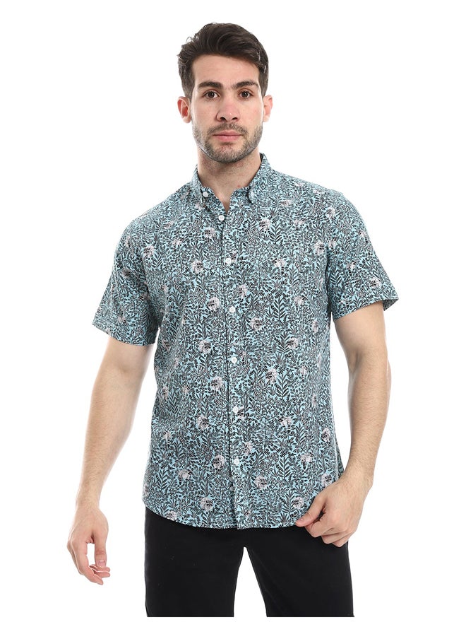 Andora - Self Pattern Buttoned Casual Shirt_Green & Brown - Image 1