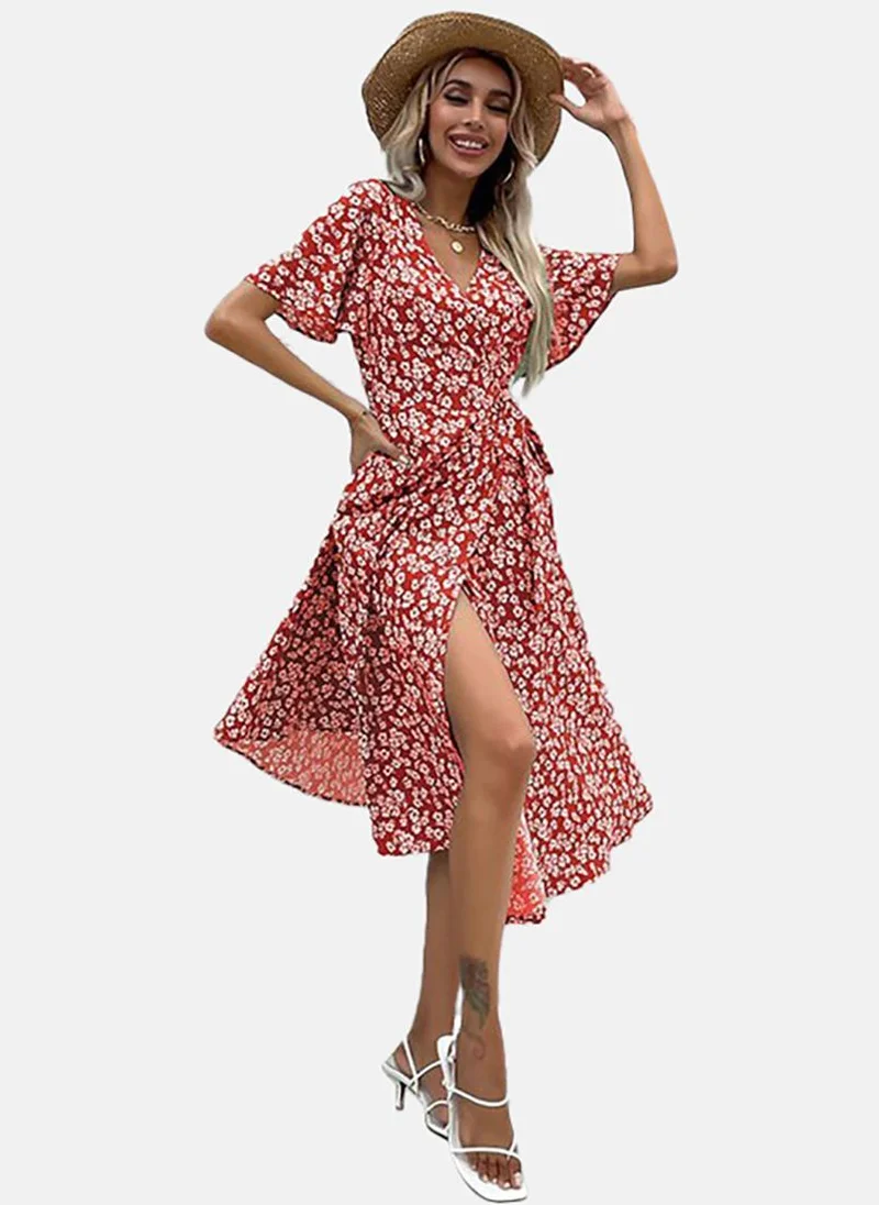 YUNIQEE Red Basic Floral V Neck Half Sleeve Dress