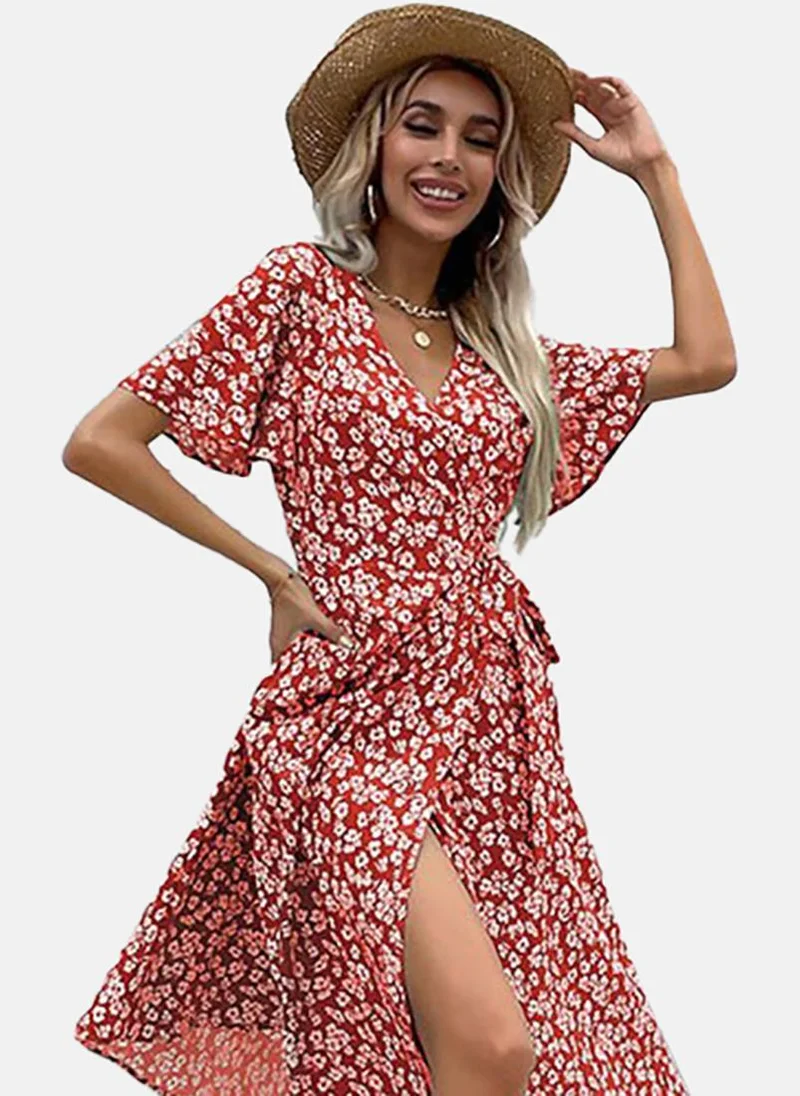 YUNIQEE Red Basic Floral V Neck Half Sleeve Dress