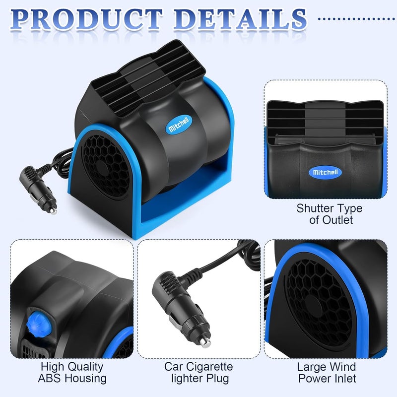 Tujoe 2 Pcs 12v Car Fan Car Vehicle Electric Cooling Fan with Cigarette Light Plug Mini Adjustable Speed Silent Air Cooler Portable Cold Air Fans for Cars Auto Suv Truck Cart Rv Atv - Image 3