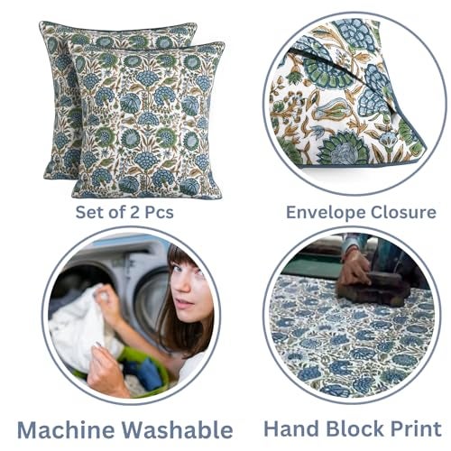 Ridhi Asparagus Green Print Cotton Throw Pillow Covers for Decorative Couch Pillows for Living Room, Chic Boho Cute Outdoor Thanksgiving Pillows Covers Gifts 18x18 Inches - Image 3