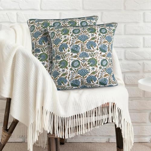 Ridhi Asparagus Green Print Cotton Throw Pillow Covers for Decorative Couch Pillows for Living Room, Chic Boho Cute Outdoor Thanksgiving Pillows Covers Gifts 18x18 Inches - Image 2