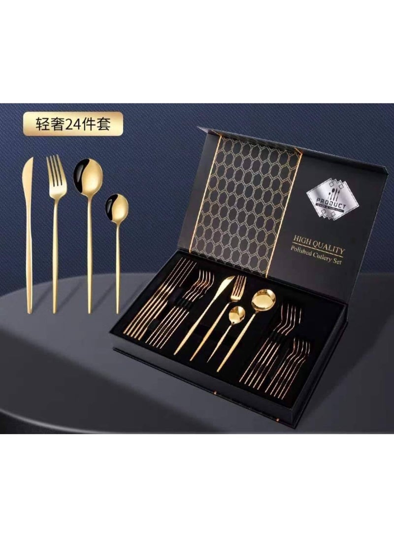 High Quality 304 Stainless Steel Spoon Set (24 Pieces), Luxury Gold Color - Rust Resistant - Image 1