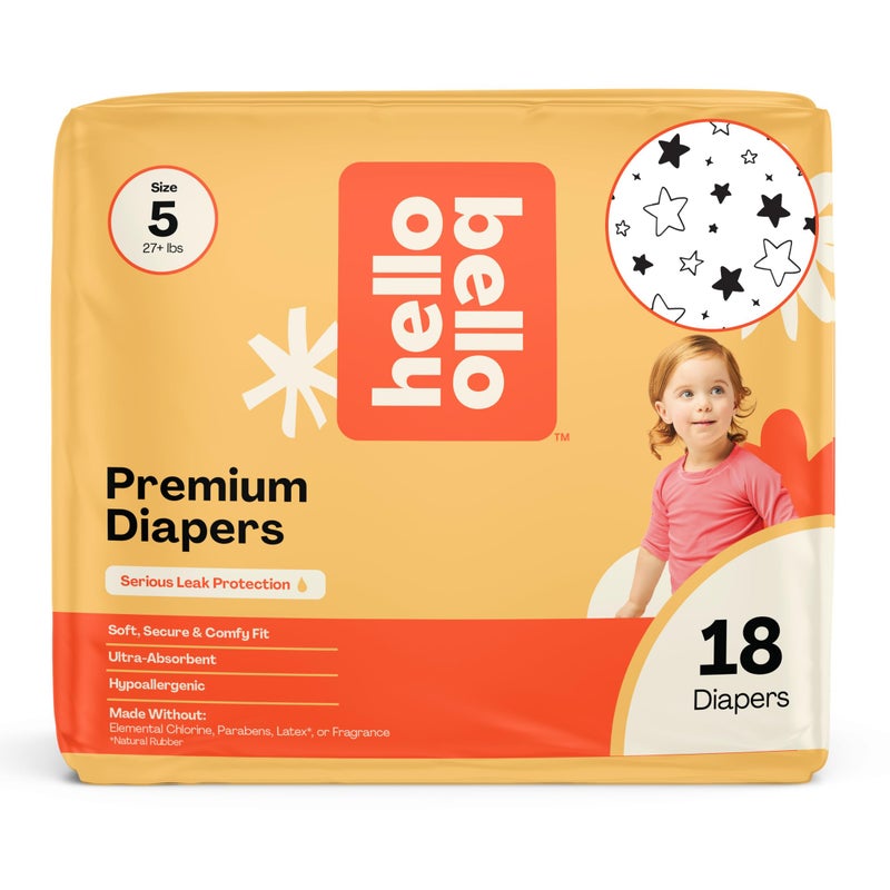 Hello Bello Diapers, Size 5 (27 lbs) Superstars, 18 Count of Premium Disposable Baby Diapers, Hypoallergenic with Soft, Cloth-Like Feel - Image 1