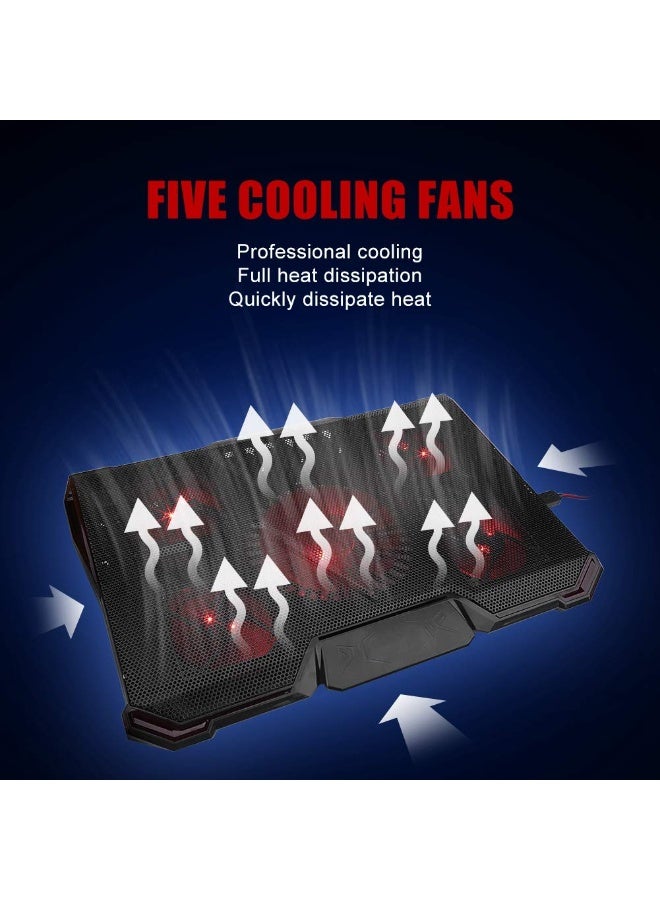 قاعدة تبريد للابتوب مع 5 مراوح LED – حامل متعدد الزوايا بـ 7 مستويات، تصميم ضد الانزلاق، تشغيل عبر USB، متوافق مع لابتوبات من 12 حتى 17 بوصة، تصميم عصري مع إضاءة للألعاب - Image 5