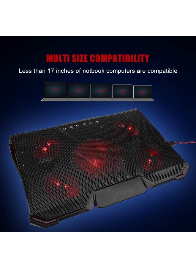 قاعدة تبريد للابتوب مع 5 مراوح LED – حامل متعدد الزوايا بـ 7 مستويات، تصميم ضد الانزلاق، تشغيل عبر USB، متوافق مع لابتوبات من 12 حتى 17 بوصة، تصميم عصري مع إضاءة للألعاب - Image 3