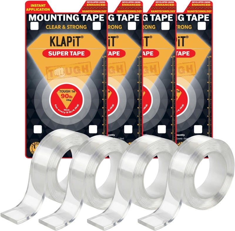 KLAPiT SUPER TAPE Double Sided Tape Heavy Duty Mounting Tape Holds 90 Pounds or 41Kg Weight Using Enhanced Nano Technology. Clear Tape for Wall, Wood, Tile, Stone, Glass, Metal & Acrylic (4 pc pack) - Image 1