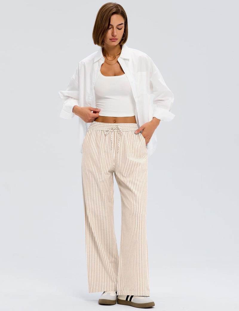 LOMON Striped Pants Women 2026 Spring Summer Pajamas Cute Wide Leg Pj Lounge Boxer Bottoms Palazzo Drawstring Y2k Trousers with Pockets (Apricot Strips, L) - Image 3
