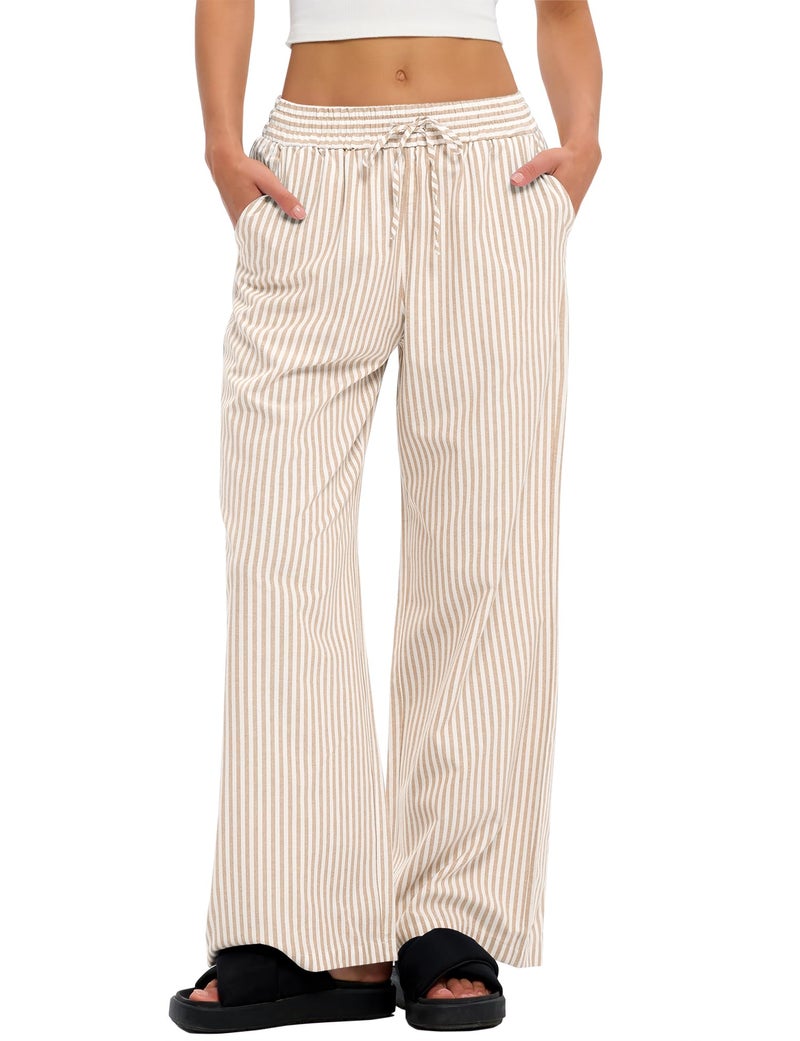 LOMON Striped Pants Women 2026 Spring Summer Pajamas Cute Wide Leg Pj Lounge Boxer Bottoms Palazzo Drawstring Y2k Trousers with Pockets (Apricot Strips, L) - Image 2