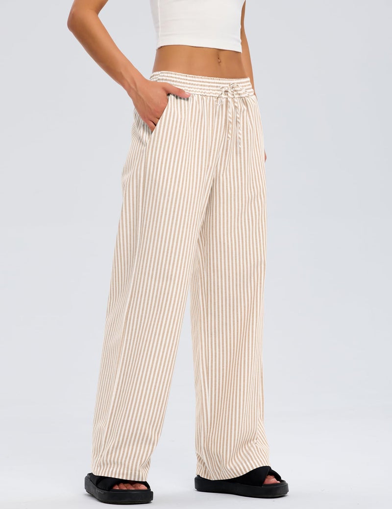 LOMON Striped Pants Women 2026 Spring Summer Pajamas Cute Wide Leg Pj Lounge Boxer Bottoms Palazzo Drawstring Y2k Trousers with Pockets (Apricot Strips, L) - Image 4